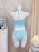 Hellblaues Tankini-Set im Stil der 1950er Jahre mit Neckholder, Rüschen und Schleife, 5-teilig