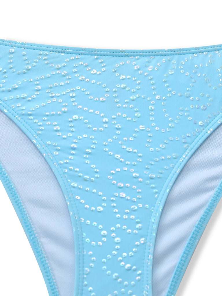 Hellblaues Tankini-Set im Stil der 1950er Jahre mit Neckholder, Rüschen und Schleife, 6-teilig