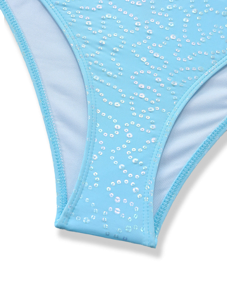 Hellblaues Tankini-Set im Stil der 1950er Jahre mit Neckholder, Rüschen und Schleife, Größe 7