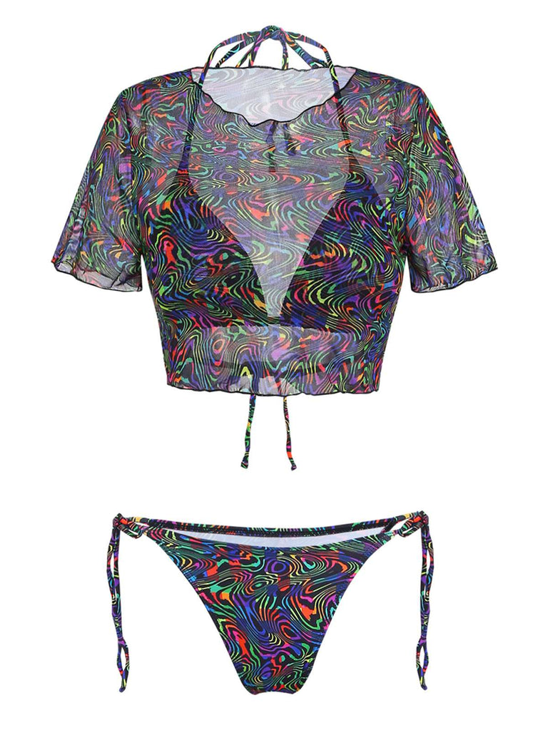 Schwarzes 60er Netz-Bikini-Set & Cover-Up mit Tarnung und Ernte