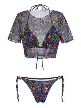 Schwarzes 60er Netz-Bikini-Set & Cover-Up mit Tarnung und Ernte