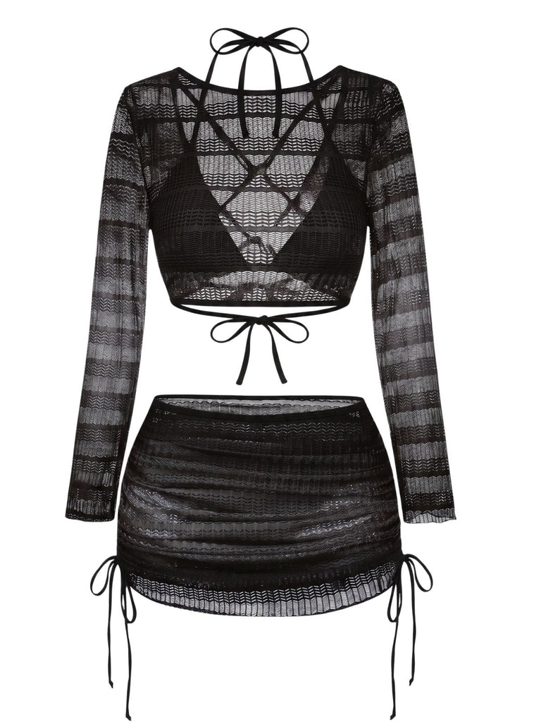 60er Bikini-Set & Cover-Up mit Langarm und Häkelarbeit