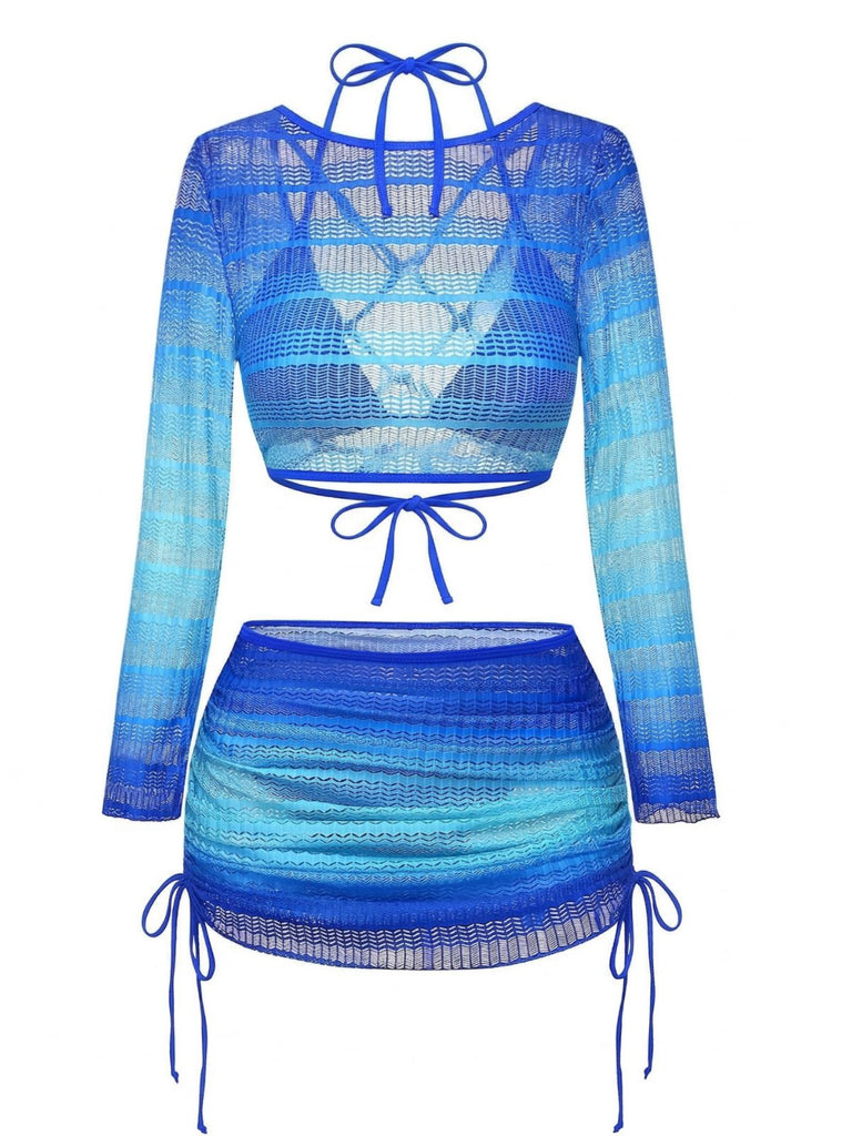60er Bikini-Set & Cover-Up mit Langarm und Häkelarbeit