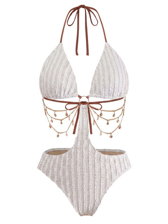 1930er Uni Metall Kette Cutout Einteilig Badeanzug