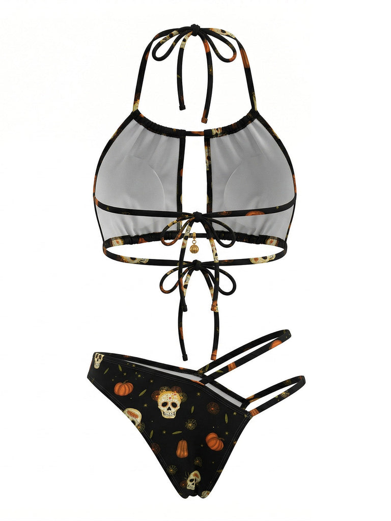 Schwarzes 80er Gothic Bikini-Set mit Totenkopf