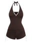 Kaffeebraun 1950er Halter Kordelzug Gerafft Tankini Set