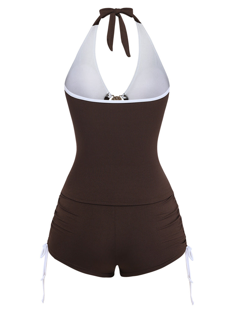 Kaffeefarbenes Tankini-Set im Stil der 1950er Jahre mit Halter-Kordelzug von Gerafft