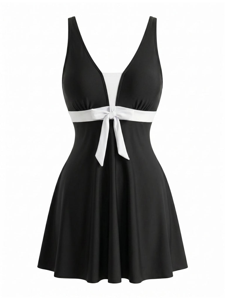 Schwarzes & Weißes 50er Tankini-Set mit Schleife und Farbblock