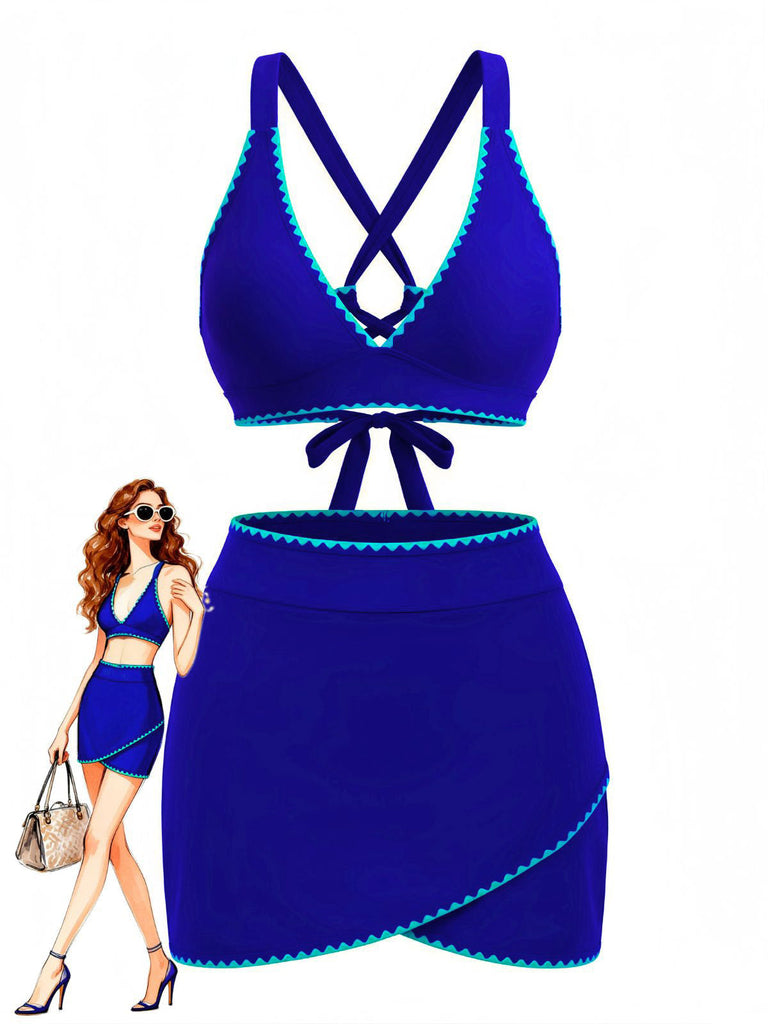 Blaues 50er Bikini-Set & Cover-Up mit Kreuzrücken und Besatz