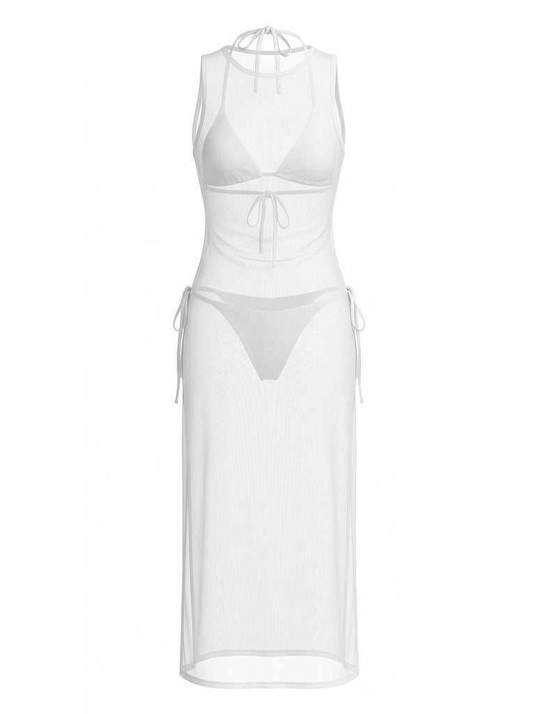 80er Bikini-Set & Mesh-Cover-Up in Uni