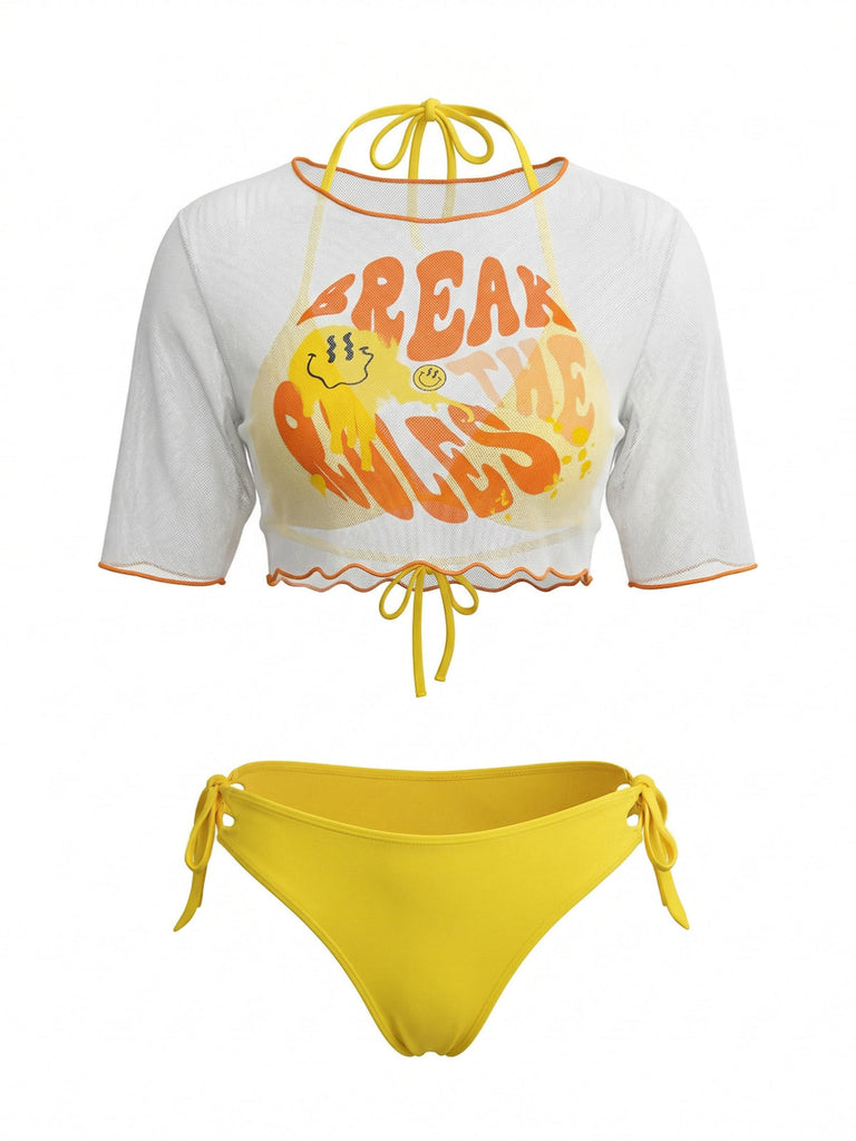 Gelbes 60er Bikini-Set & Cover-Up mit Neckholder und Triangle