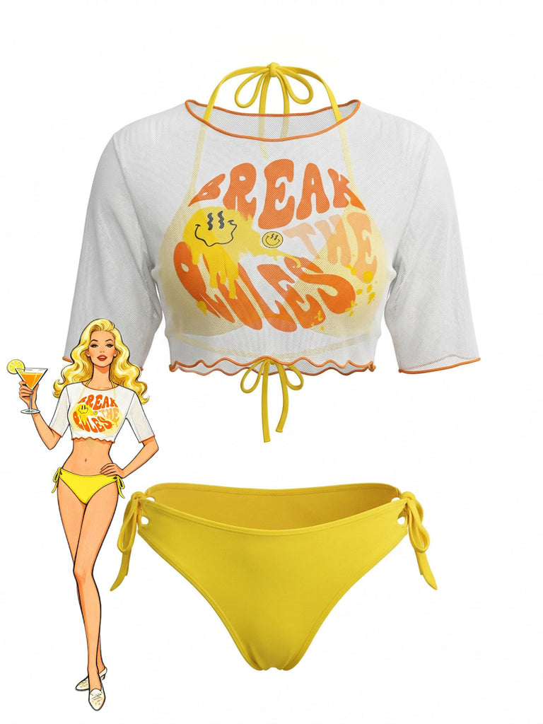 Gelbes 60er Bikini-Set & Cover-Up mit Neckholder und Triangle