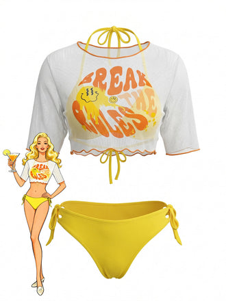 Gelbes 60er Bikini-Set & Cover-Up mit Neckholder und Triangle