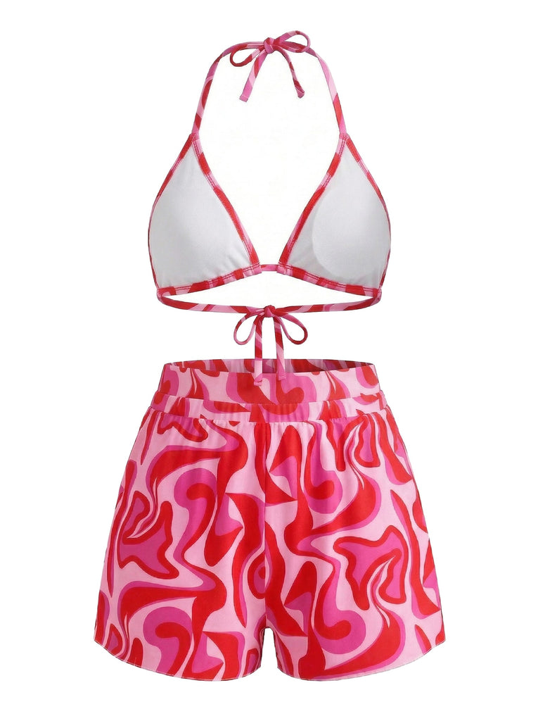 Dreiteiliges Bikini-Set mit Wellenmuster aus den 1940er Jahren, Größe 4