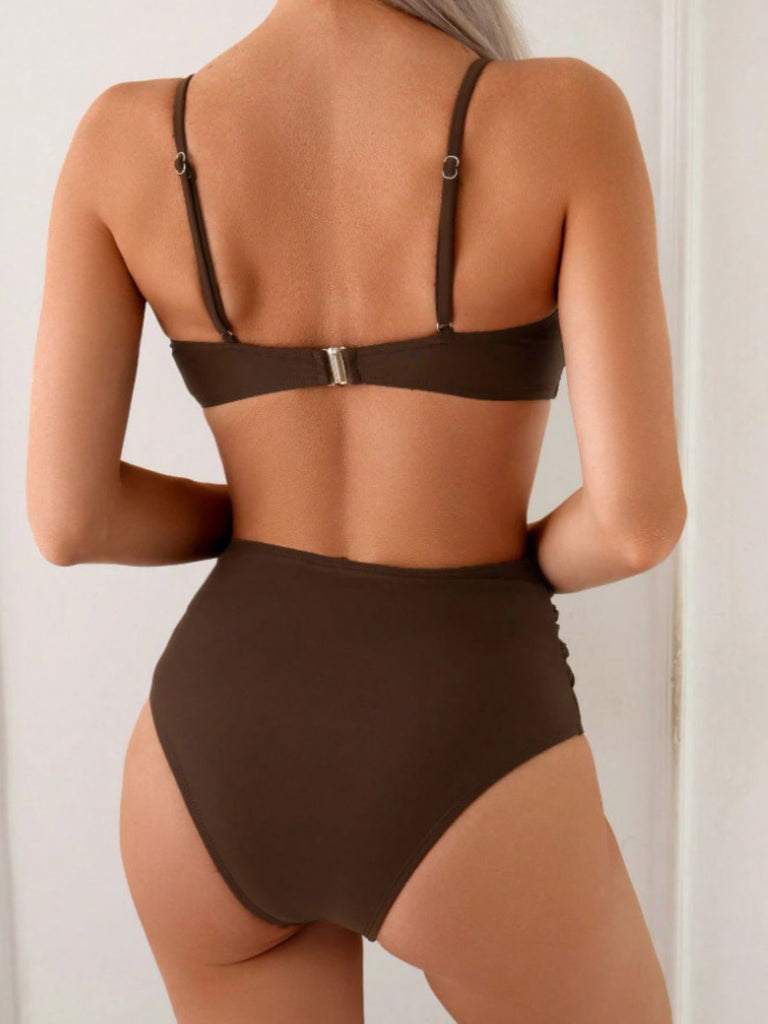 Braun 1970er Metall Muschel Dekor Gerafft Bikini Set