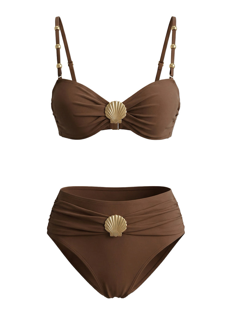 Braun 1970er Metall Muschel Dekor Gerafft Bikini Set