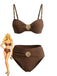 Braun 1970er Metall Muschel Dekor Gerafft Bikini Set