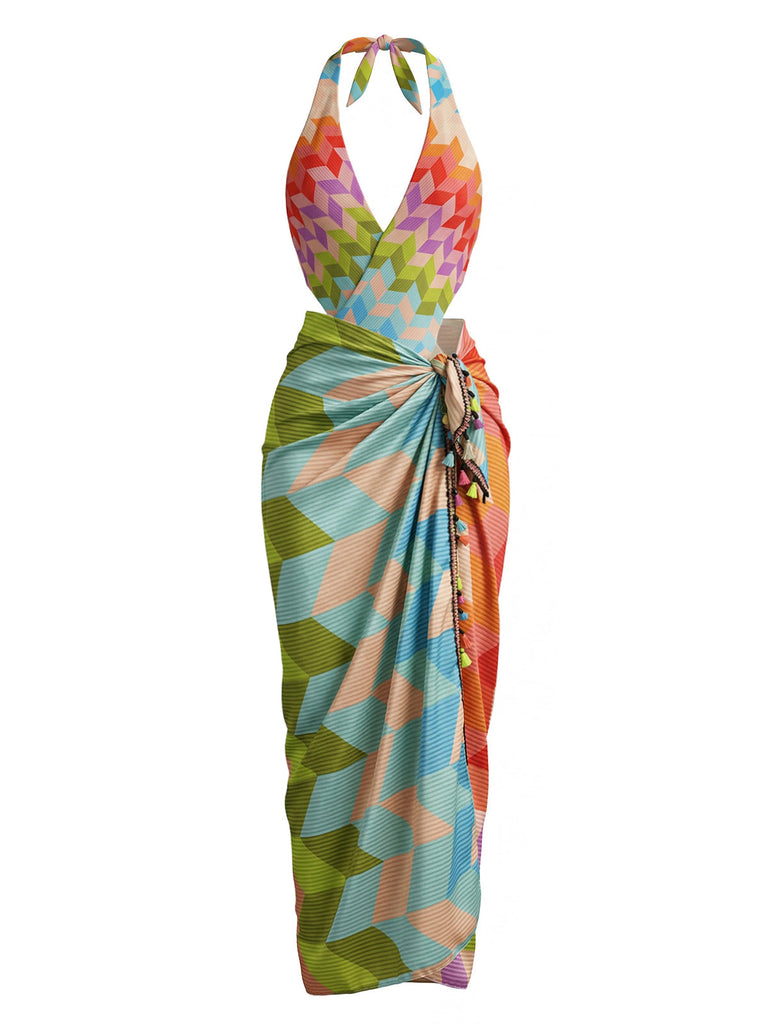 Mehrfarbiger 70er Boho Badeanzug & Cover-Up mit Neckholder