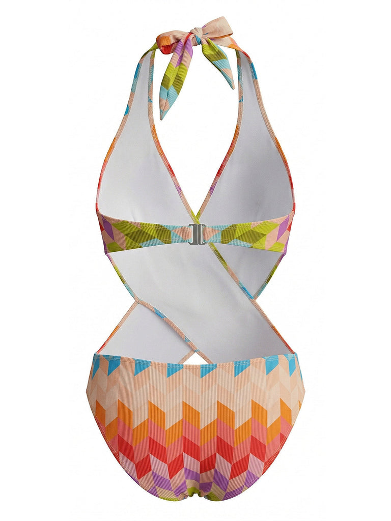 Mehrfarbiger 70er Boho Badeanzug & Cover-Up mit Neckholder