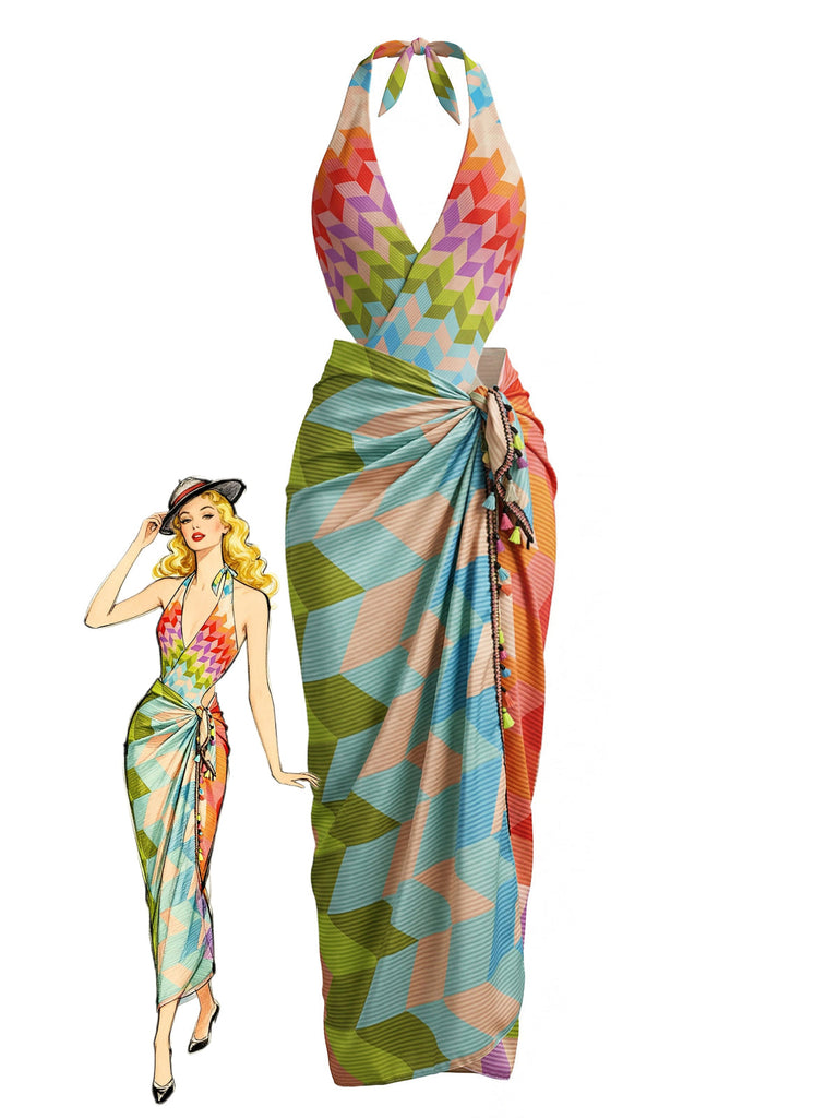 Mehrfarbiger 70er Boho Badeanzug & Cover-Up mit Neckholder