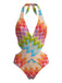 Mehrfarbiger 70er Boho Badeanzug & Cover-Up mit Neckholder