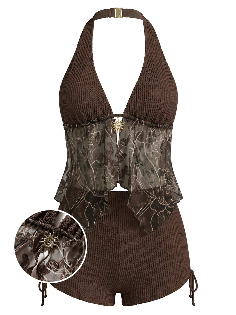 Braunes 60er Netz-Tankini-Set mit Neckholder und Stickerei