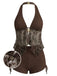 Braunes 60er Netz-Tankini-Set mit Neckholder und Stickerei