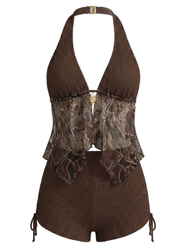 Braunes 60er Netz-Tankini-Set mit Neckholder und Stickerei