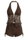 Braunes 60er Netz-Tankini-Set mit Neckholder und Stickerei