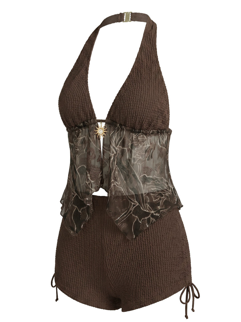 Braunes 60er Netz-Tankini-Set mit Neckholder und Stickerei