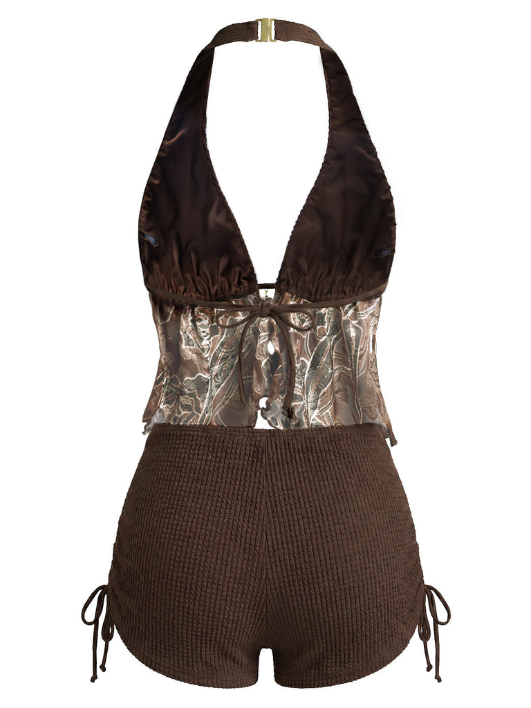 Braunes 60er Netz-Tankini-Set mit Neckholder und Stickerei