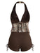 Braunes 60er Netz-Tankini-Set mit Neckholder und Stickerei