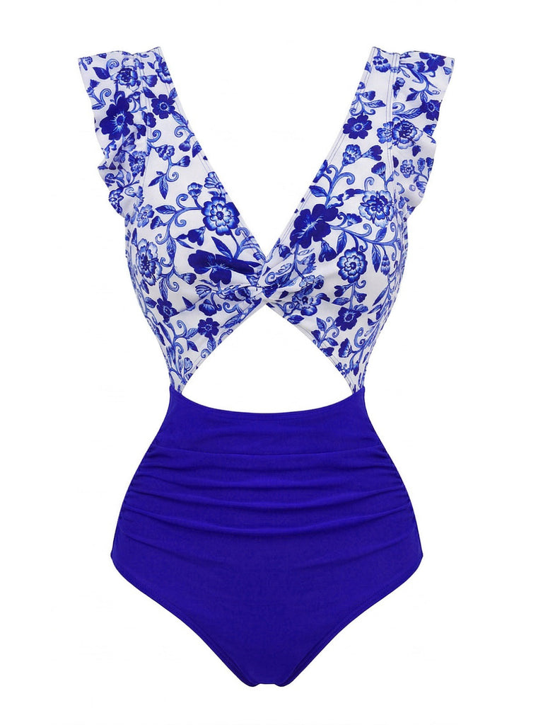 Dunkelblau 1970er Porzellan Farbblock Einteiliger Badeanzug