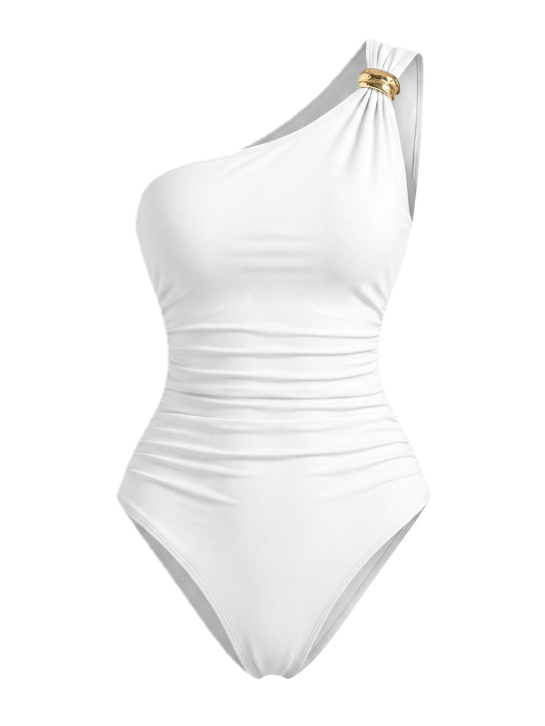 Weißer 70er Badeanzug mit One-Shoulder und gerafft