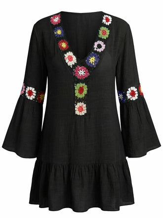 1970er Rüschen-Stickerei-Blumen-V-Ausschnitt-Cover-Up