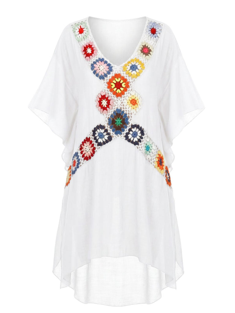 70er Cover-Up im Boho-Stil mit Häkelarbeit und Quadrat-Muster