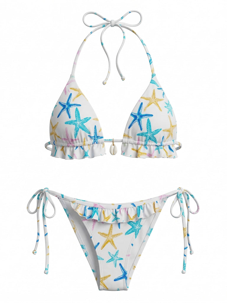 Blaues 50er Bikini-Set mit Rüschen und Neckholder