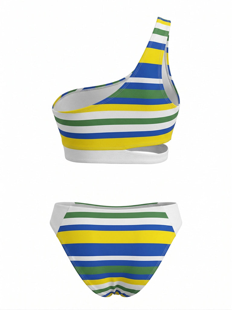 Blaues 40er Bikini-Set mit One-Shoulder und Cut-out