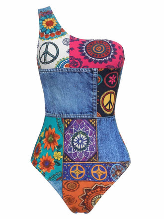 Mehrfarbiger 60er Badeanzug mit One-Shoulder und Asymmetrisch