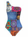 Mehrfarbiger 60er Badeanzug mit One-Shoulder und Asymmetrisch
