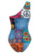 Mehrfarbiger 60er Badeanzug mit One-Shoulder und Asymmetrisch