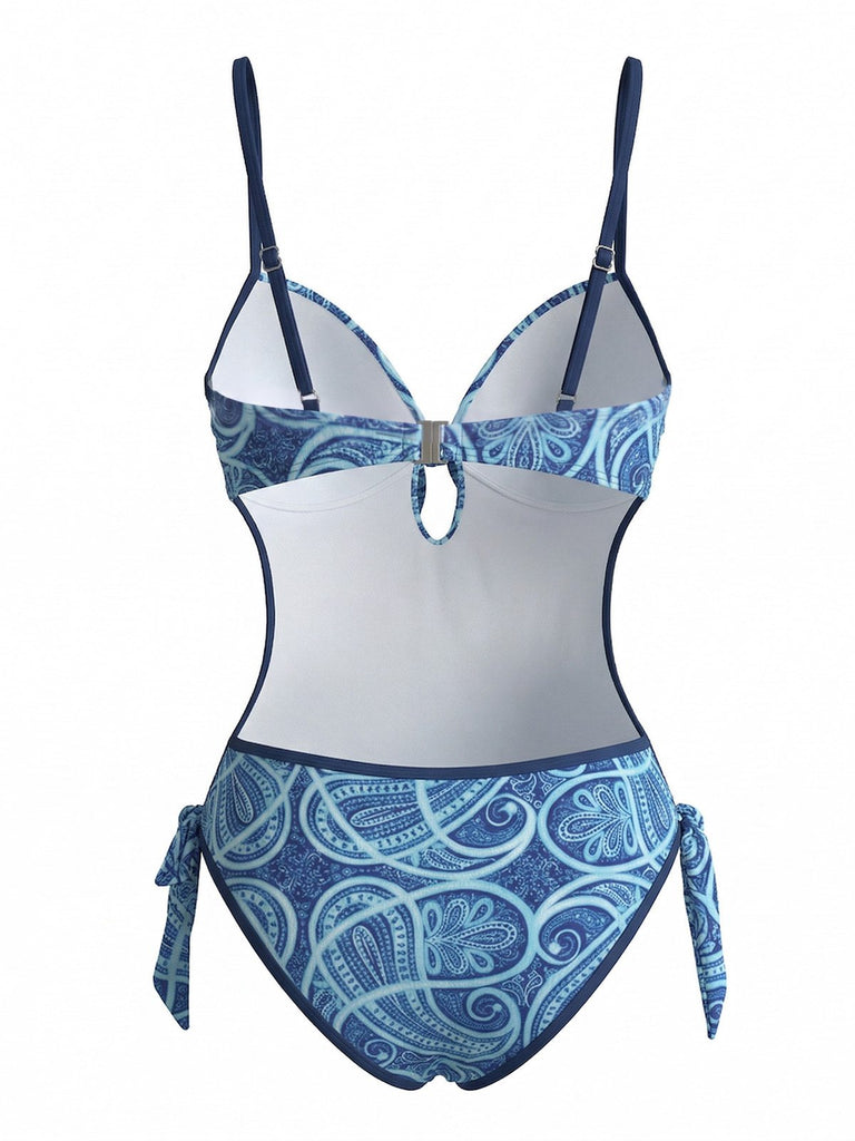 Blauer 70er Boho Badeanzug mit Paisley und Cut-out