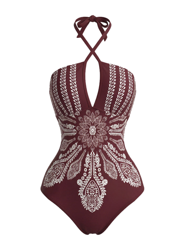 Roter 70er Boho Badeanzug mit Neckholder und Mandala