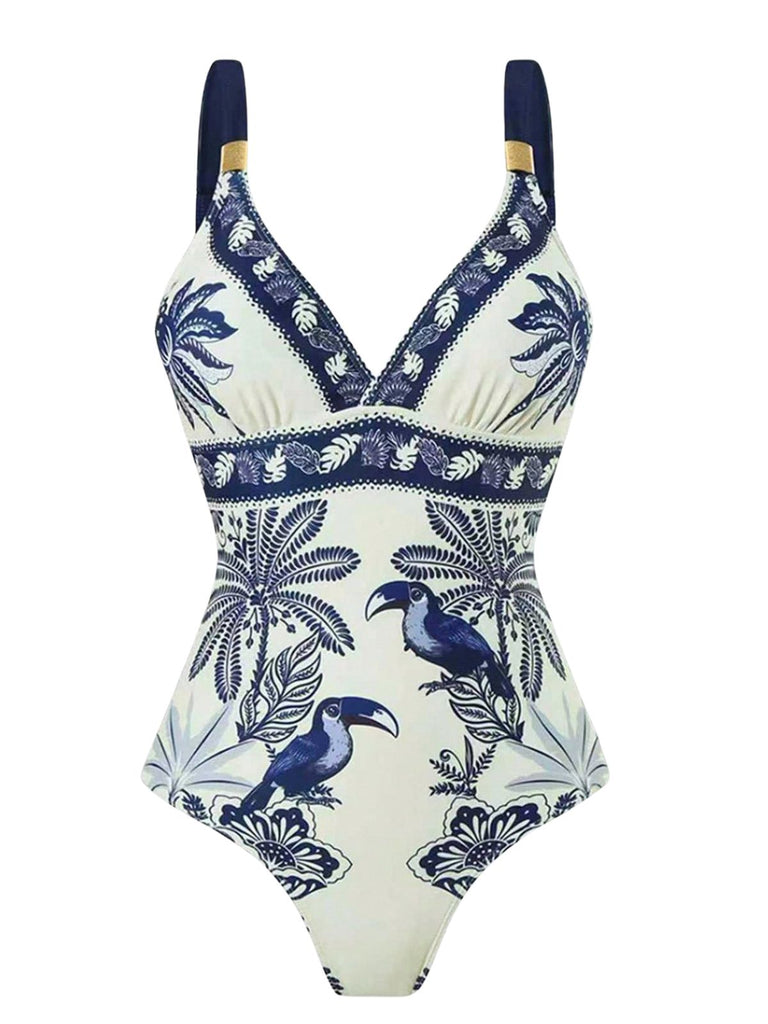 Blauer 1930er Blume & Bird Einteiliger Badeanzug & Cover-Up