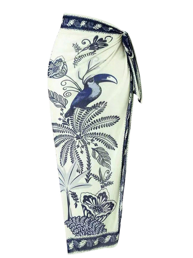 Blauer 1930er Blume & Bird Einteiliger Badeanzug & Cover-Up