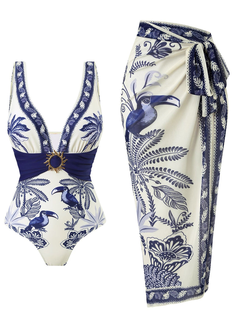 Blauer 1930er Blume & Bird Einteiliger Badeanzug & Cover-Up