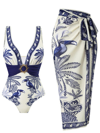 Blauer 1930er Blume & Bird Einteiliger Badeanzug & Cover-Up