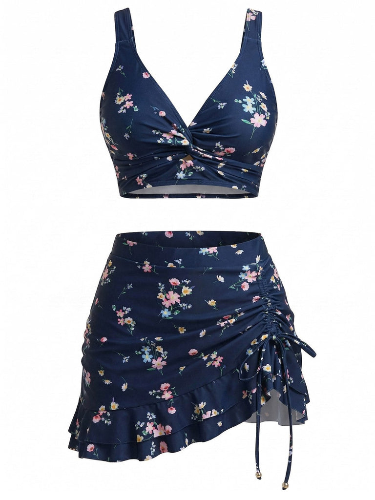40er Bikini-Set & Cover-Up mit Rüschen und Blumen