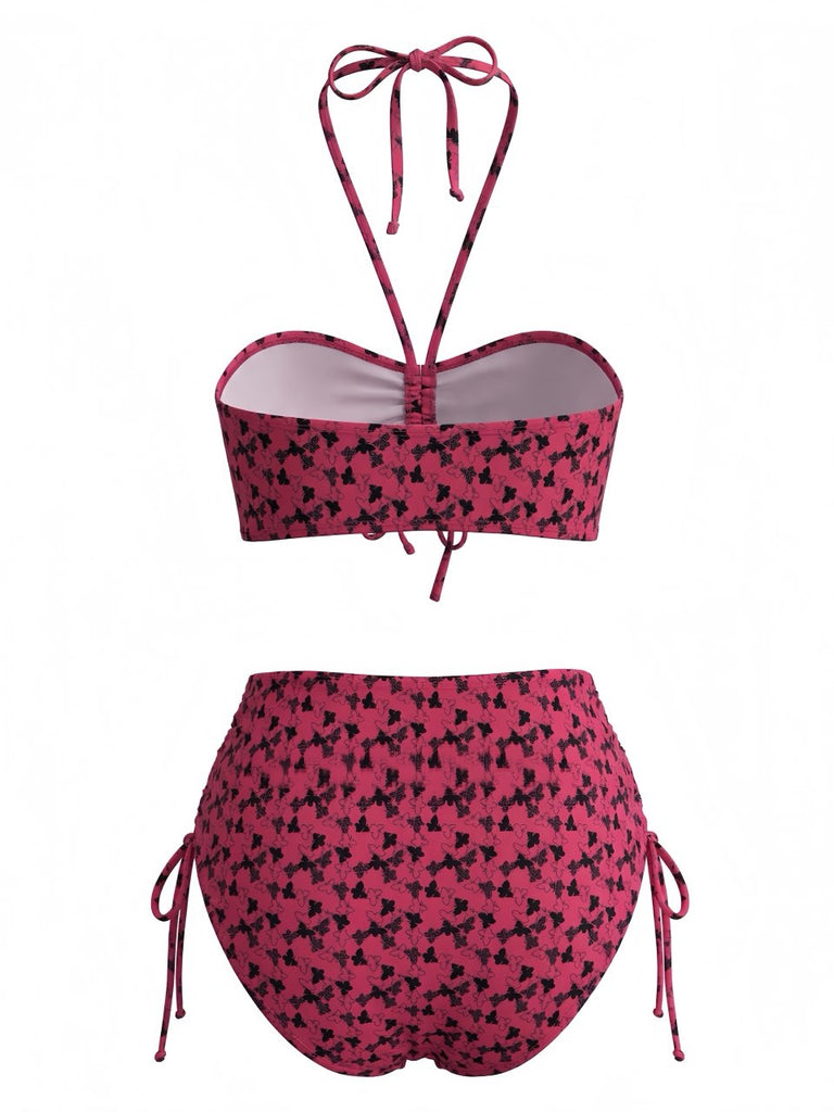 Rosenrotes 40er Bikini-Set mit Neckholder und Schmetterling