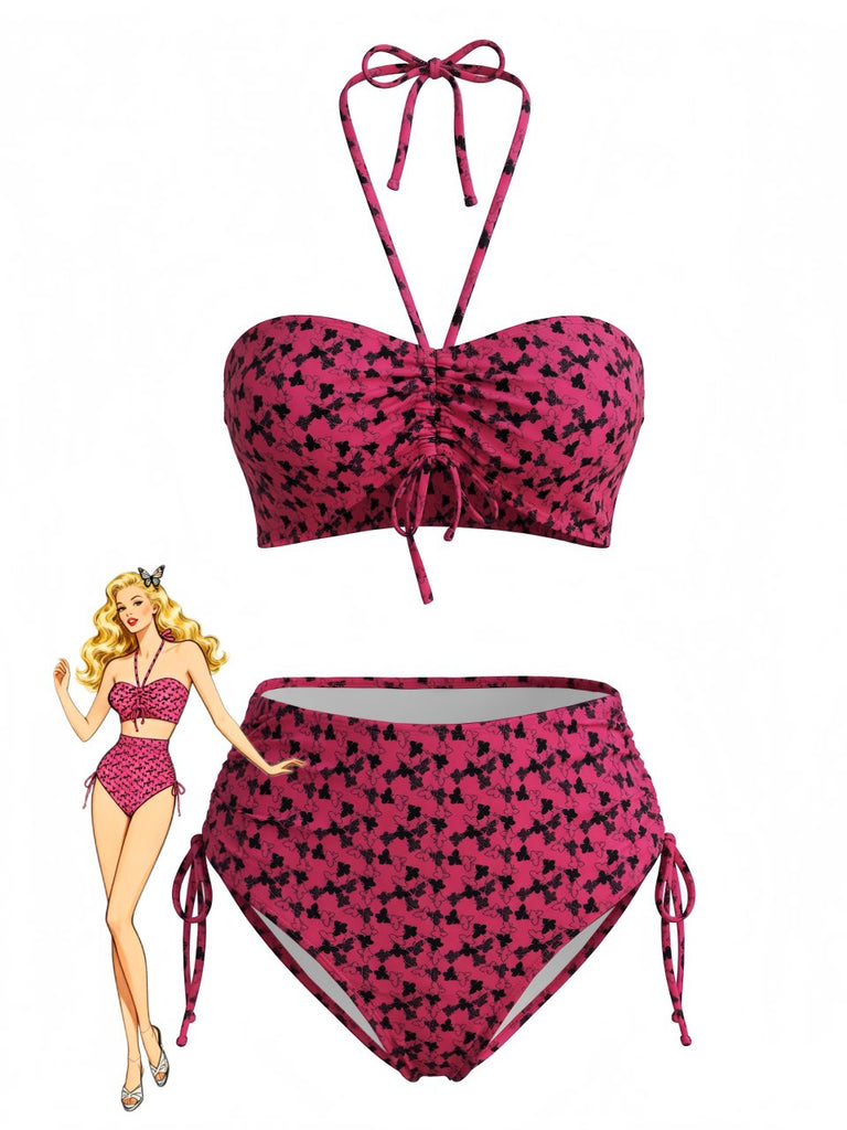 Rosenrotes 40er Bikini-Set mit Neckholder und Schmetterling